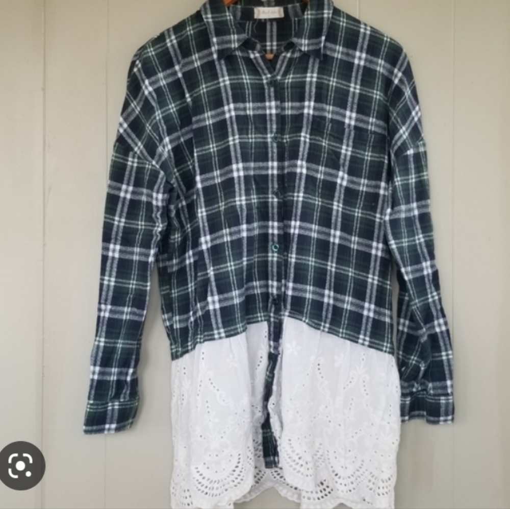 3/$30 Altar'd State Plaid & Eyelit Lace Button Down Top